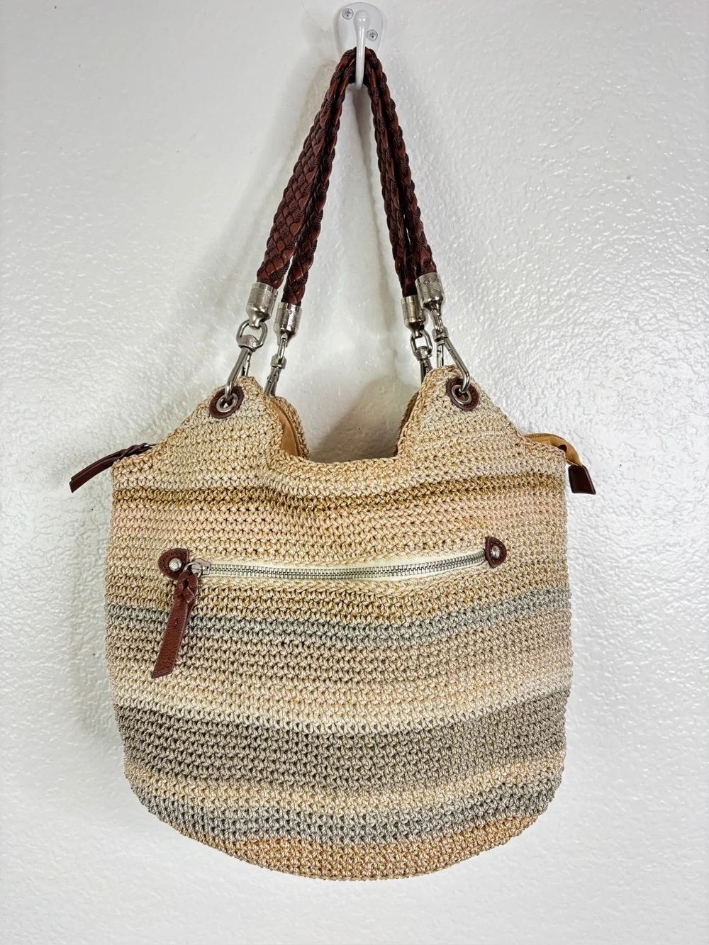 THE SAK Striped Crochet Leather Strap Hobo Purse Shoulder Bag Brown Cream